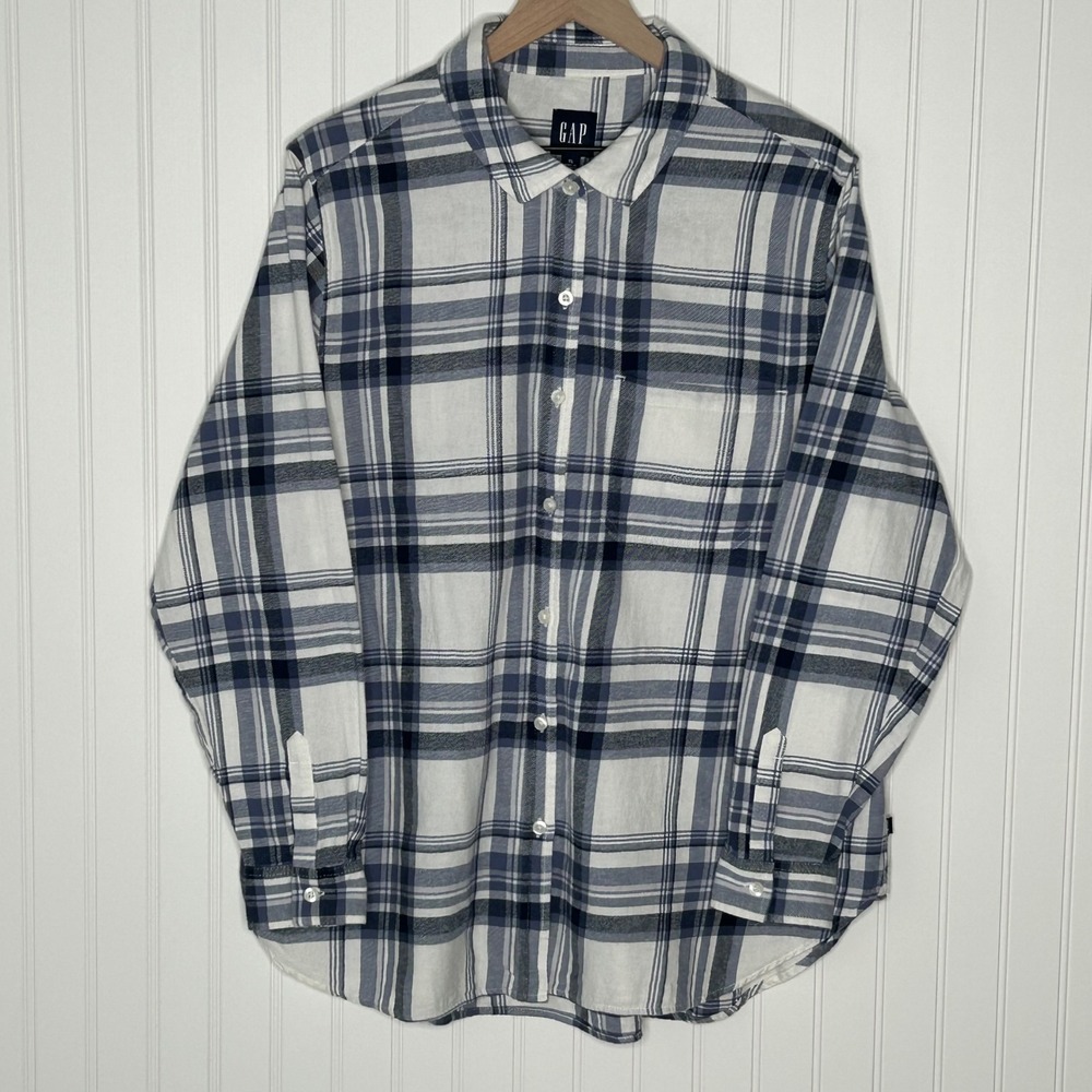 GAP Womens Blue White Plaid Button Up Shirt Long Sleeve 100% Cotton XL